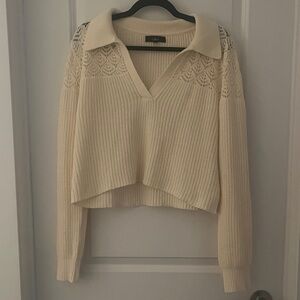 Lulu's Cream V-Neck Sweater with Lace Detail